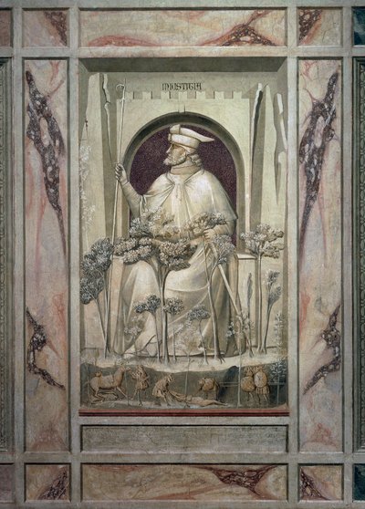 The Injustice, an old man holding a sword in his hands while before him the trees of evil grow (detail) by Giotto (c.1266 1337)