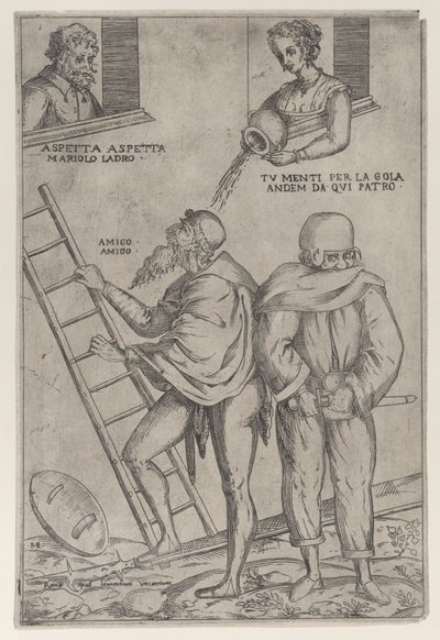 A Man Climbs a Ladder While a Woman Throws Water on Him from Above by Giovanni Ambrogio Brambilla