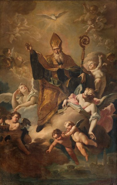 South transept, Altar of San Benedetto, Saint Benedict in Gloria while blessing the city, Altarpiece by Giovanni Angelo Borroni, 1744 by Giovanni Angelo Borroni