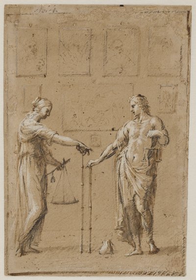 A Man and a Woman in Antique Costumes, Each with Scales and a Ruler, in Front of a Wall with Paintings. A Purse on the Floor in Front of the Man by Giovanni Angelo Canini