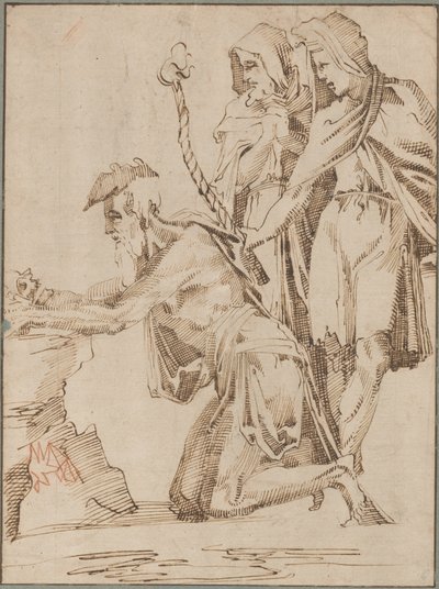 Kneeling Hermit and Two Draped Figures Contemplating a Skull by Giovanni Bandini
