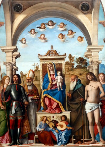 Madonna and Child Enthroned with Saints Catherine, George, Nicholas, Anthony Abbot, Sebastian, and Lucy by Giovanni Battista Cima da Conegliano