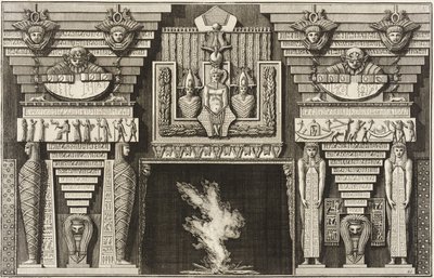Chimneypiece in the Egyptian style: Two mummies in profile on the left and two figures bearing obelisks on the right. by Giovanni Battista Piranesi