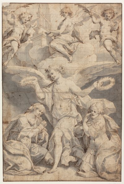 An Angel Crowns a Kneeling Woman and a Kneeling Soldier, While Two Angels in the Clouds Fly with Palm Branches and a Third Plays the Organ by Giovanni Battista Trotti