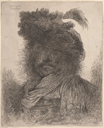 Bearded Man with Shadowed Face, Wearing a Scarf and a Plumed Hat by Giovanni Benedetto Castiglione