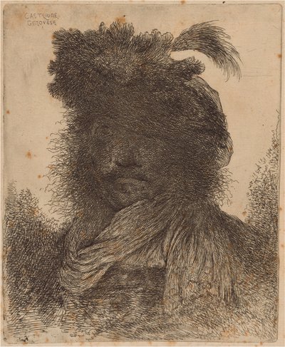 Bearded Man with Shadowed Face, Wearing a Scarf and a Plumed Hat by Giovanni Benedetto Castiglione