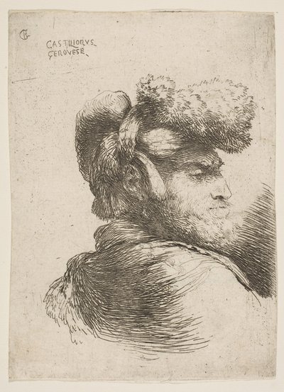 Man in profile facing right, wearing a fur hat, from series of Small Heads, ca. 1645-1650 by Giovanni Benedetto Castiglione