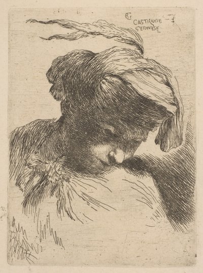 Young man looking down to right, from the series of Small Heads in Oriental Headdress by Giovanni Benedetto Castiglione