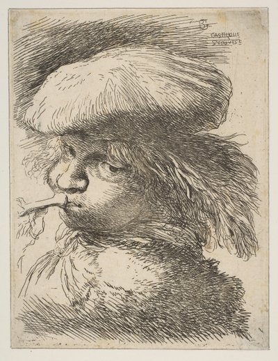 Young Man with a Trumpet Facing Left, from the series of Small Heads in Oriental by Giovanni Benedetto Castiglione