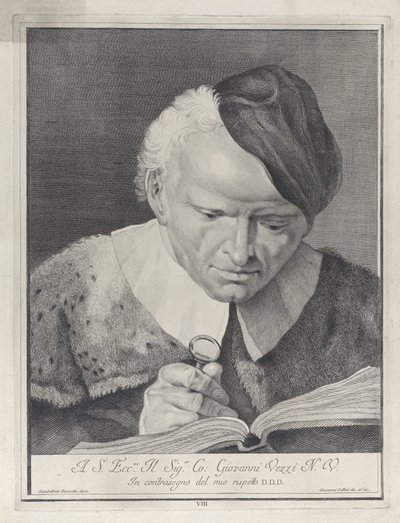 Man in a hat reading a book with a magnifying glass, 1743 by Giovanni Cattini