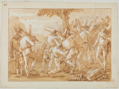 Punchinellos Felling (or Planting) a Tree by Giovanni Domenico Tiepolo
