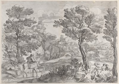 A Group of People Playing Cards at Right and a Man on Horseback at Left by Giovanni Francesco Grimaldi