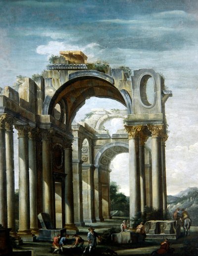 A Capriccio of Classical Ruins with Figures by Giovanni Ghisolfi