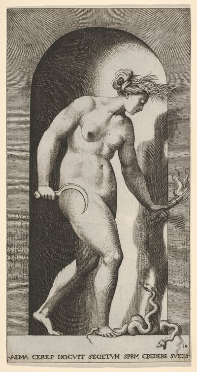 Plate 14: Ceres in a niche, facing right, standing over a two-headed snake and holding a h by Giovanni Jacopo Caraglio