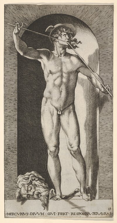 Mercury Standing in a Niche Playing His Pipes, with the Severed Head of an Old Man by Giovanni Jacopo Caraglio