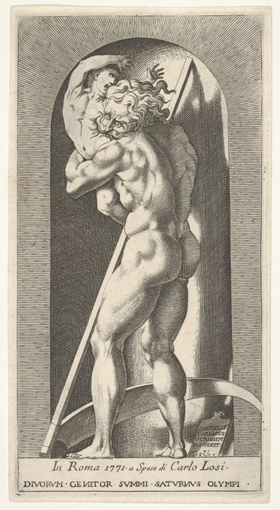 Plate 1: Saturn in a Niche Devouring His Son, Standing Before a Scythe by Giovanni Jacopo Caraglio