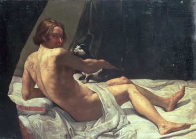 Young Man Lying on a Bed with a Cat by Giovanni Lanfranco