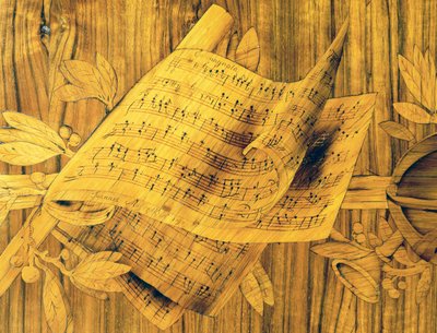 Musical score, central part of inlay on corner cabinet with single big door by Giovanni Maffezzoli
