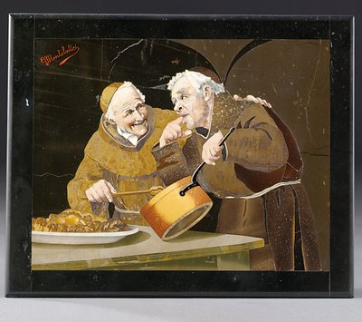Plaque depicting two monks testing food within a black border, Florence, early 20th century by Giovanni Montelatici