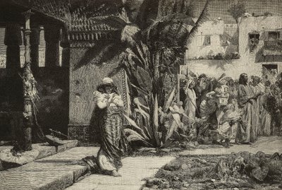 Magdalene, woman with turban and procession in Middle Eastern village, engraving by Cantagalli brothers from painting by Giovanni Muzzioli, Modena, Italy from L
