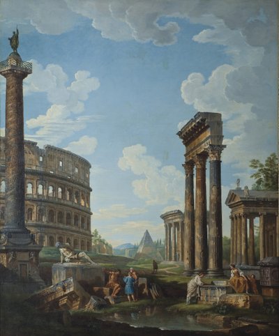 A Capriccio with Figures Among Roman Ruins Including the Arch of Constantine and the Pantheon by Giovanni Paolo Pannini