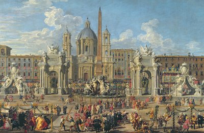 Preparation For the Firework Display Held at Piazza Navona, Rome, to Celebrate the Birth of the Dauphin, 1729 (detail) by Giovanni Paolo Pannini
