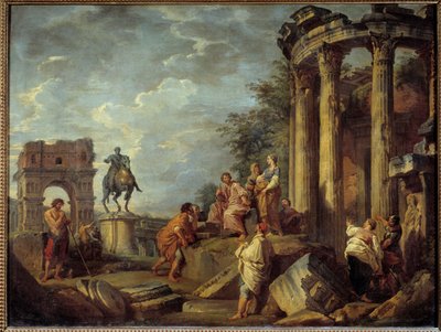 Architectural Ruins with the Arch of Janus, the Temple of Vesta, and the Statue of Marcus Aurelius by Giovanni Paolo Pannini