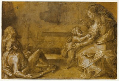 Two Reclining Beggars, and Seated Mother and Child, at Foot of Steps by Girolamo Macchietti