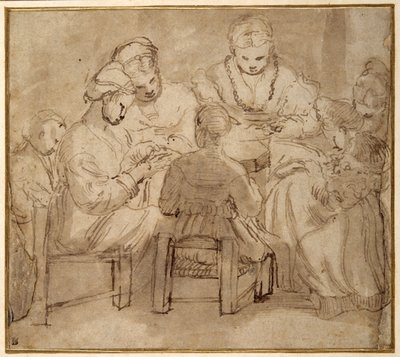 Women and girls seated round a table sewing by Girolamo Romanino