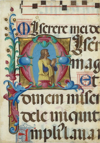 Manuscript Illumination with David in Prayer in an Initial M, from a Psalter, Italian by Girolamo dai Libri