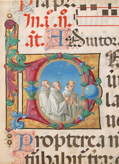 Manuscript Illumination with Singing Monks in an Initial D, from a Psalter, Italian by Girolamo dai Libri