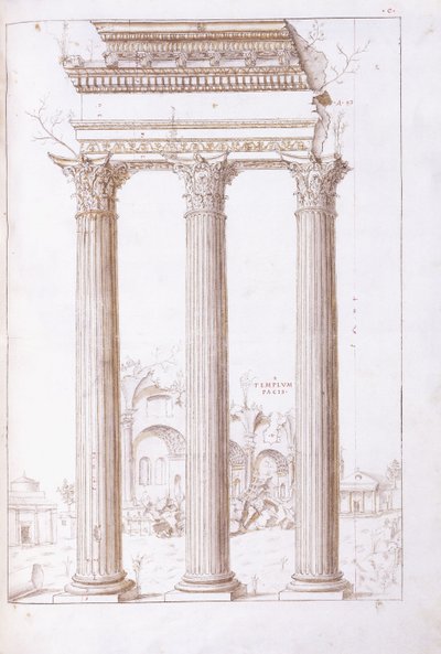The columns of the temple of Castor and Pollux, with the temple of Peace in the background, c.1550 by Giulio (circle of) Romano