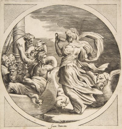 Circe drinking from a cup with the companions of Ulysses in a boat at left by Giulio Bonasone