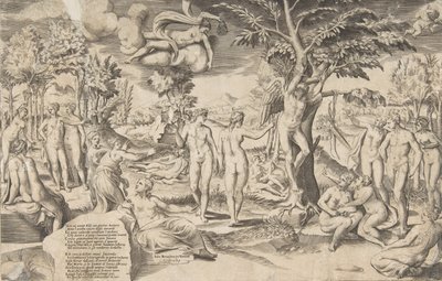 Cupid in the Elysian Fields Tied to a Tree in the Centre, Surrounded by Many Figures by Giulio Bonasone