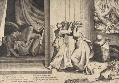 Judith passing the head of Holofernes to her maidservant, the decapitated Holofernes in the background by Giulio Bonasone