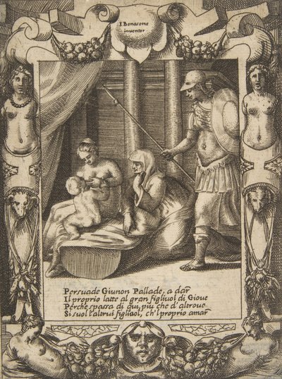 Juno Persuading Athena to Nurse the Young Hercules, Set Within an Elaborate Frame, ca. 1531-76 by Giulio Bonasone