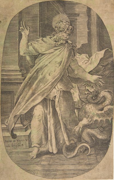 St Paul Overcoming the Viper, within an Architectural Setting, an Oval Composition by Giulio Bonasone