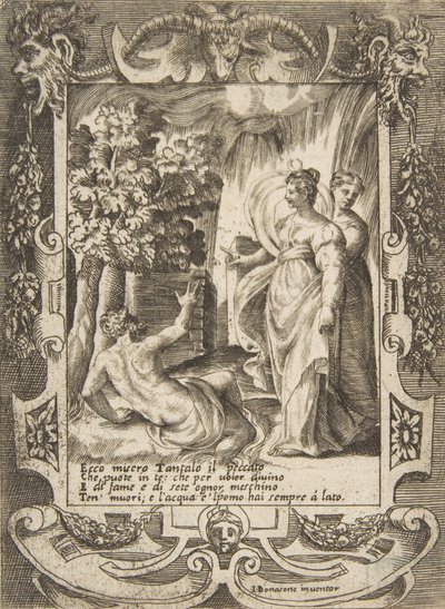 Tantalus at left speaking to Diana at right, set within an elaborate frame by Giulio Bonasone