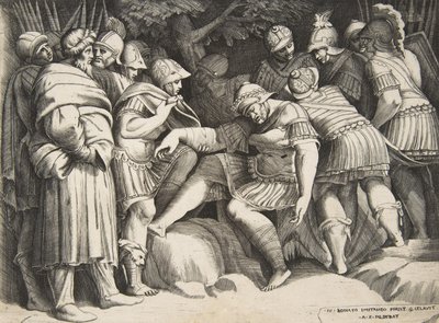 The wounded soldier Scipio in the centre surrounded by figures by Giulio Bonasone