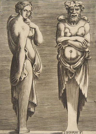 Two Terms, a Nymph at Left Silvanus at Right by Giulio Bonasone