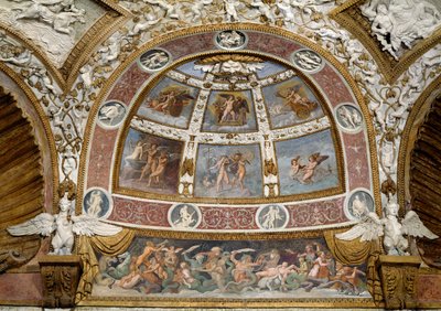 Camera delle Aquile, frieze of a battle between tritons and centaurs, lunette above depicting mythological scenes: (detail) by Giulio Romano