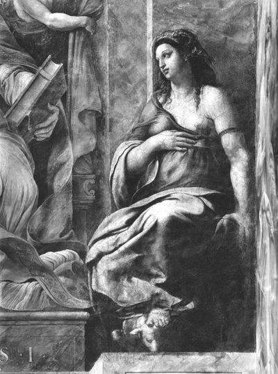 Clemency, One of the Two Virtues Surrounding Pope St. Clement I (1-97) Raphael Rooms (detail) by Giulio Romano