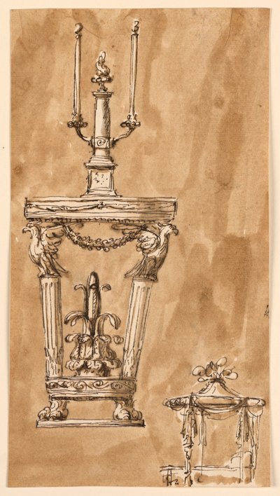 Design for a Console Table with Candlestick and a Bed by Giuseppe Barberi