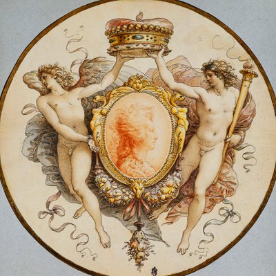 An Oval Portrait of a Woman in Profile with a Decorative Border of Grotesques and Swags, with Flanking Allegorical Figures of Fame and Victory Holding a Coronet by Giuseppe Cades