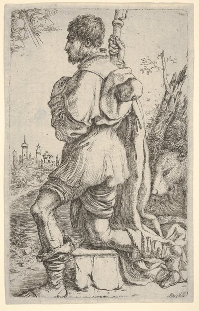 Saint Roch, kneeling on a stone, seen from the side with his dog behind him and a townsman by Giuseppe Caletti