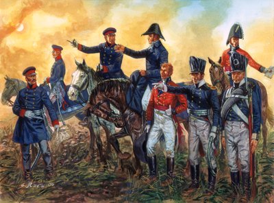 Arthur Wellesley, Duke of Wellington, and Gebhard Leberecht von Blucher at the Battle of Waterloo 18 June 1815 (Illustration by Giuseppe Rava) by Giuseppe Rava