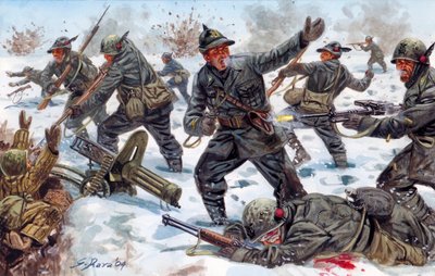 Second World War, Russian Front: Italian Alpine Hunters in Russia - Illustration by Giuseppe Rava by Giuseppe Rava