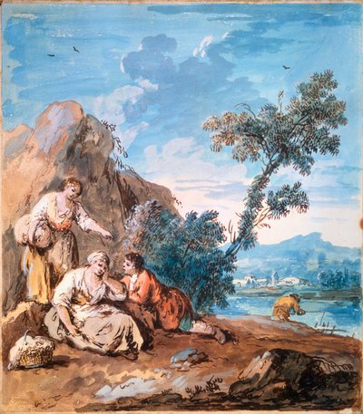 Three peasants resting on a river bank by Giuseppe Zais