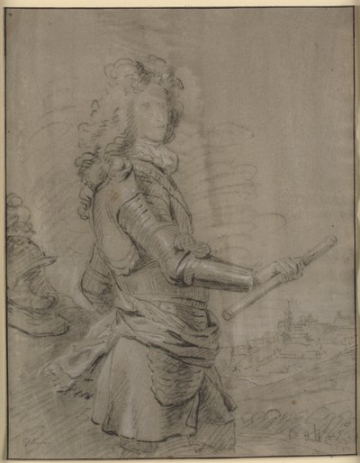 Three-quarter Portrait of a Commander in Armour with a Staff in His Right Hand. In the Background a Landscape with a Town by Godfrey Kneller