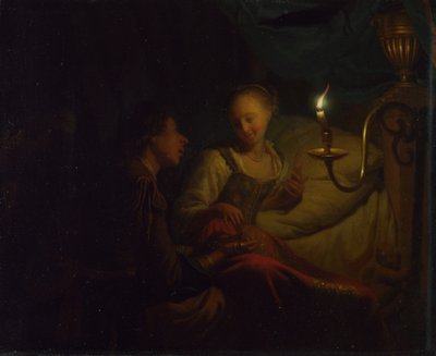 A Candlelight Scene: A Man Offering a Gold Chain and Coins to a Girl Seated on a Bed by Godfried Cornelisz Schalcken